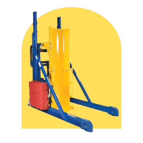 A yellow and blue industrial machine used for handling or lifting materials. It has a vertical yellow panel, blue frame, and a red control box on the side. The machine is on a solid yellow background.