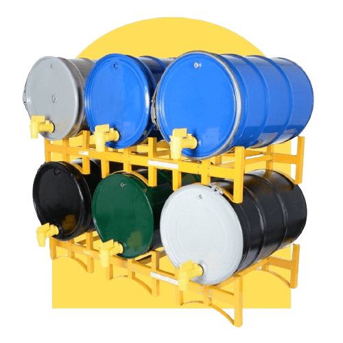 A set of nine steel barrels in black, blue, gray, and green, equipped with yellow spigots, are stacked on a yellow, two-tiered metal rack. They are positioned horizontally against a solid yellow background.