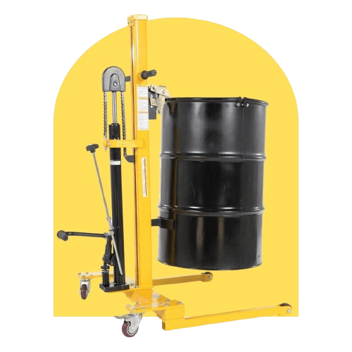 A black drum is held by a yellow hydraulic drum lifter against a yellow background. The lifter has wheels and levers for maneuverability and operation.