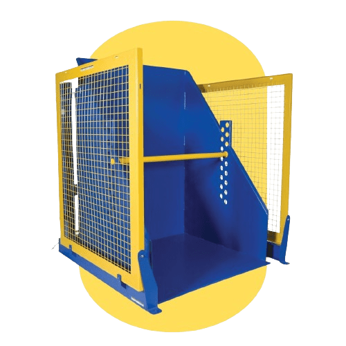 A blue and yellow industrial safety cage with mesh sides and angled panels is showcased against a yellow circular backdrop. This sturdy, geometric design is part of our customizable ergonomic solutions, aimed at enhancing safety and reducing workplace injuries in industrial settings.