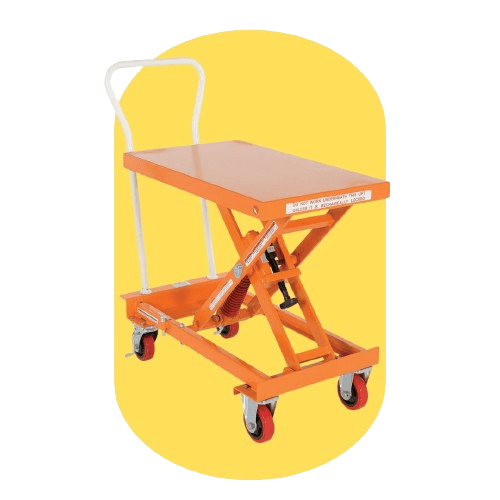 The orange scissor lift table, featuring a white handle and four wheeled casters, exemplifies Vestil Ergonomic Solutions. Its elevated platform is supported by an X-shaped mechanism against a solid yellow background, making it an ideal ergonomic material handling equipment choice.