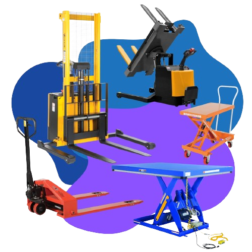An assortment of ergonomic material handling equipment, featuring a yellow forklift, a black and orange electric lifter, an orange hydraulic lift table, a red pallet jack, and a blue scissor lift set against a blue and purple backdrop.