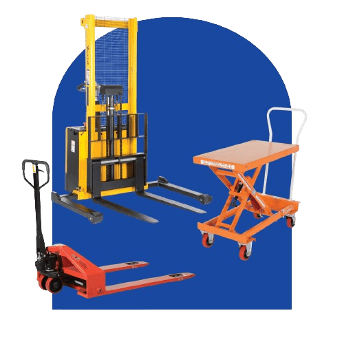 A collection of warehouse ergonomic material handling equipment on a blue background, featuring a yellow forklift, an orange scissor lift cart, a red pallet jack, and a hand truck designed to reduce workplace injuries.