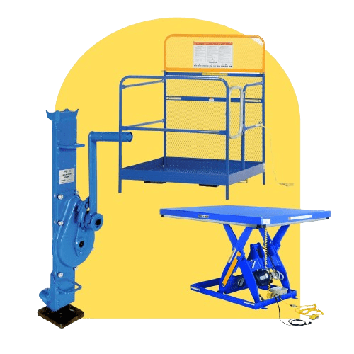 A blue manual winch, a blue lifting platform with safety railings, and a blue scissor lift table exemplify Vestil Ergonomic Solutions against a vibrant yellow backdrop. These ergonomic material handling products ensure safety and efficiency in the workplace.