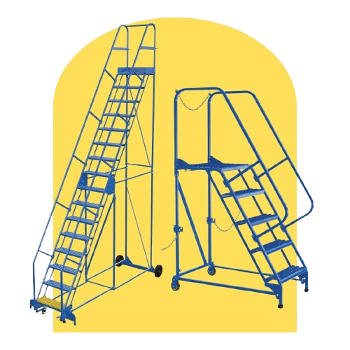 Two blue Vestil industrial ladders stand against a yellow backdrop. One features a steep incline with tall handlebars, while the other is shorter with a platform enveloped by handrails. Both are equipped with wheels for effortless mobility.