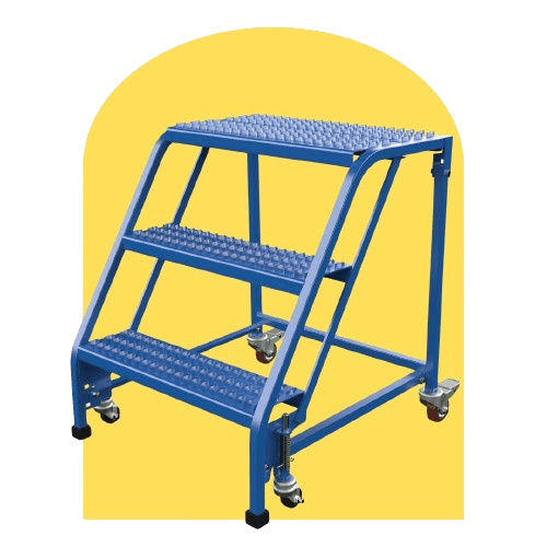 A blue, two-step rolling ladder with textured steps for grip. It features a sturdy metal frame and four swivel wheels for easy mobility. Reminiscent of Vestil Industrial Ladders, it stands against a solid yellow background.