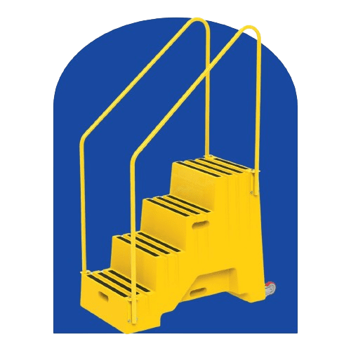 Yellow fiberglass industrial safety ladder with four steps and railings on both sides. The steps feature anti-slip strips, and small wheels are at the base. A solid blue background with a rounded top accentuates its sturdy design.