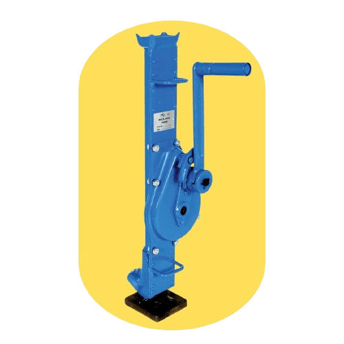 A blue mechanical jack with an ergonomic handle is set on a yellow background. Featuring a vertical structure with gears and a crank for manual operation, this equipment is designed to reduce workplace injuries by effectively lifting or stabilizing heavy objects.