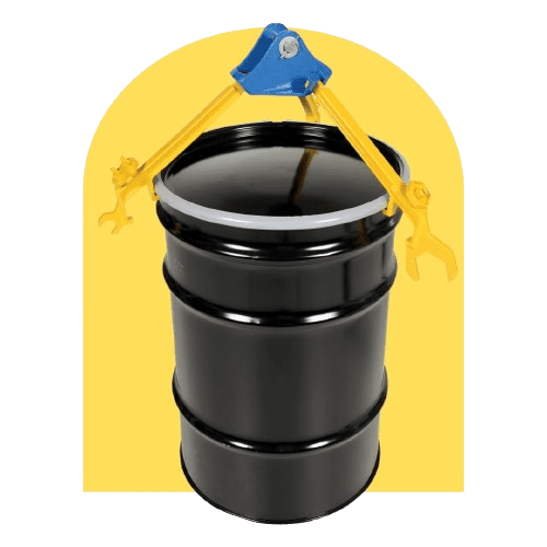 A black metal drum with a blue and yellow lifting clamp attached to the top, set against a yellow arch-shaped background.