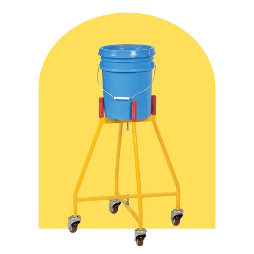 A blue plastic bucket is placed on a yellow four-wheeled metal stand, designed for easy mobility. The background is a solid yellow color.