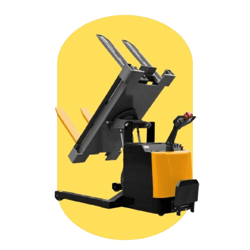 Discover the Vestil Ergonomic Solutions electric pallet tilter, featuring a striking yellow and black design against a solid yellow background. This ergonomic material handling equipment seamlessly combines style and function for optimized workplace efficiency.