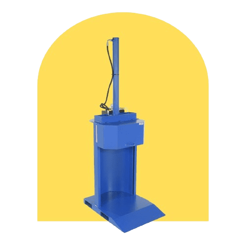 A blue industrial hydraulic baler, designed for waste volume reduction, stands tall against a bright yellow background. Featuring a vertical hydraulic cylinder and base platform, its ideal for efficient industrial waste management.