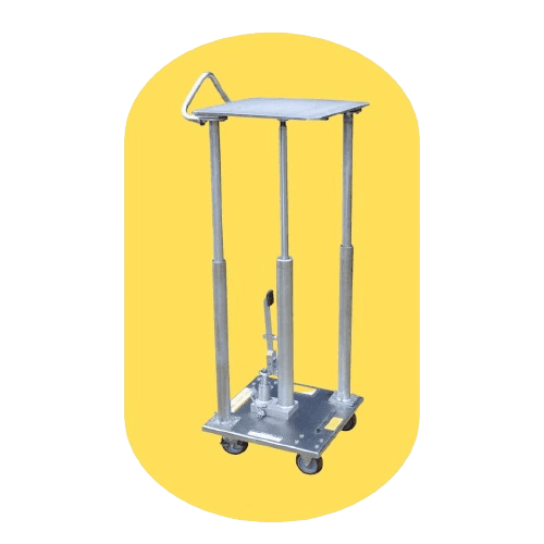 A metal hydraulic lifting platform with a handle and four wheels, designed as ergonomic material handling equipment. The base supports vertical columns and a flat top, ensuring safer operations. Set against a solid yellow background, it exemplifies customizable ergonomic solutions for any workspace.