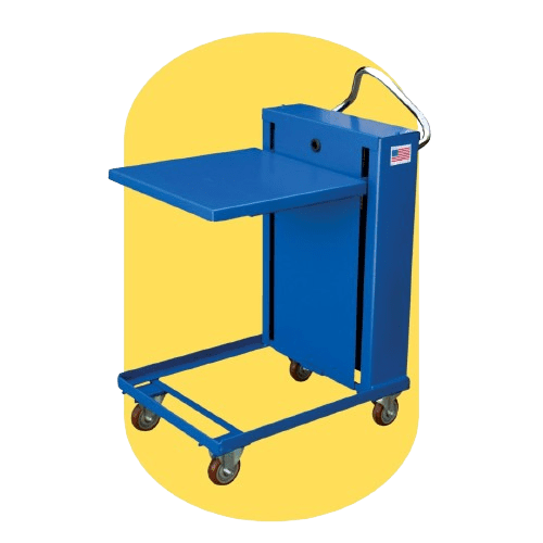 A blue utility cart, ideal for ergonomic material handling, boasts four wheels and a foldable side tray. It features a top handle and an American flag sticker on the side. The plain yellow background adds contrast to this Vestil Ergonomic Solutions product.