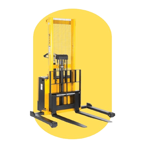 A yellow and black manual pallet stacker with two forks is displayed against a yellow background. Designed by Vestil Ergonomic Solutions, it has a vertical frame and handles for operation, ideal for lifting and moving pallets while helping to reduce workplace injuries.