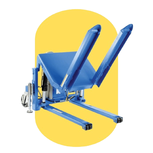 Blue mechanical lifting device with two extending arms and a flat platform, set against a yellow oval background. Designed to reduce workplace injuries, this Vestil ergonomic solution efficiently lifts or tilts heavy objects or pallets.