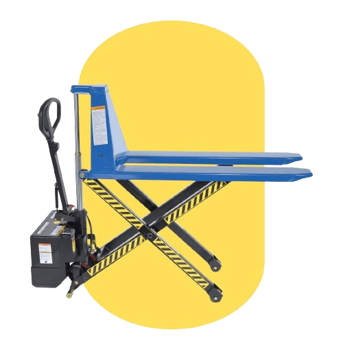 The blue scissor lift pallet truck, a key piece among customizable ergonomic solutions, boasts a manual handle and electric components against a yellow backdrop. Its long forks elevate pallets with precision, while striped caution markings on the scissor mechanism enhance workplace safety and reduce injuries.