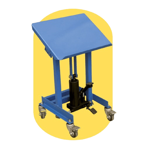 Discover the Vestil Ergonomic Solutions blue hydraulic table, boasting a slanted surface and adjustable height on four caster wheels. Designed to reduce workplace injuries, its yellow backdrop accentuates how it effortlessly holds and adjusts items to meet your needs.
