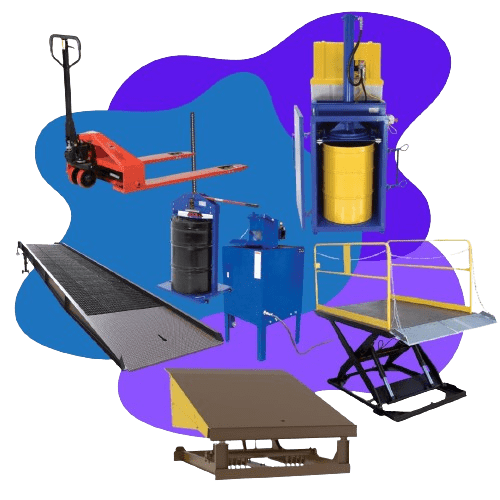 Various industrial equipment including carts, lifts, and packaging tools.