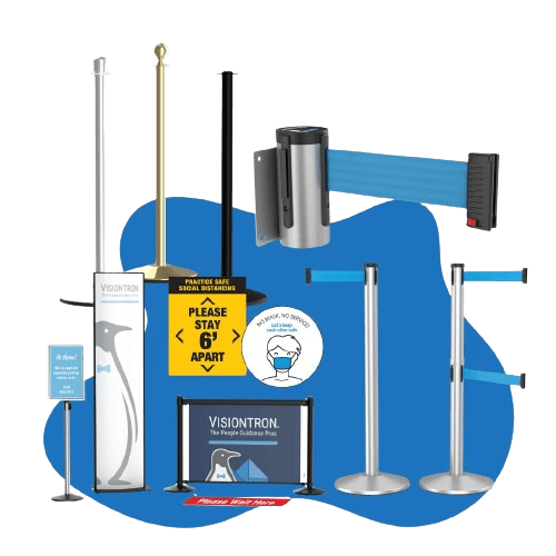 Explore our range of crowd control posts and barriers, featuring rope, retractable belt, and sign stands from Visiontron. Custom Signage Solutions include signs like Please Stay 6 Feet Apart and a masked penguin to reinforce social distancing reminders.