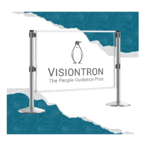 A sign sporting the Visiontron logo, with a penguin donning a bow tie, proclaims The People Guidance Pros. Mounted on a stand with two metal poles and round bases, this Q-PANEL® System complements the blue and white torn paper backdrop.