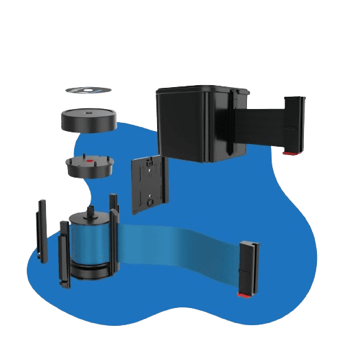Exploded view of a black film camera against a blue background. Various components, including lenses and film roll, are displayed separately, illustrating the cameras internal structure—akin to the precision assembly seen in Visiontron crowd control solutions.