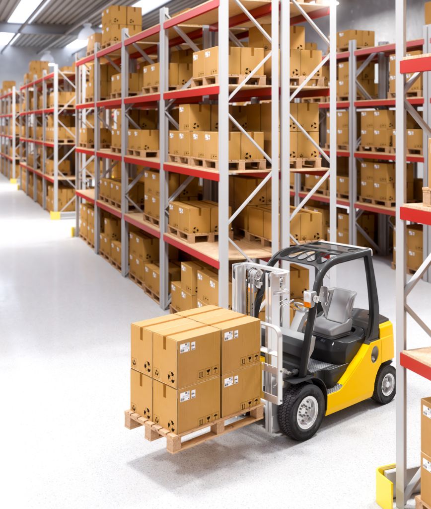 A forklift truck moves cardboard boxes on a wooden pallet in a well-lit warehouse featuring high shelves brimming with similar boxes. The polished floor highlights an organized environment, showcasing the efficiency of Warehouse Automation for Next-Day Delivery.