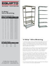 Image showcasing a V-Grip Wire Shelving product flyer by Equipto. Featuring a metal shelving unit with tiers on the right, and on the left, details include beam sizes, prices, features of this premium material handling solution, and contact information for further inquiries.