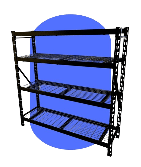 A black metal storage shelf with four wire mesh tiers, set against a blue oval background, showcases the robustness of steel shelving units designed for industrial settings.