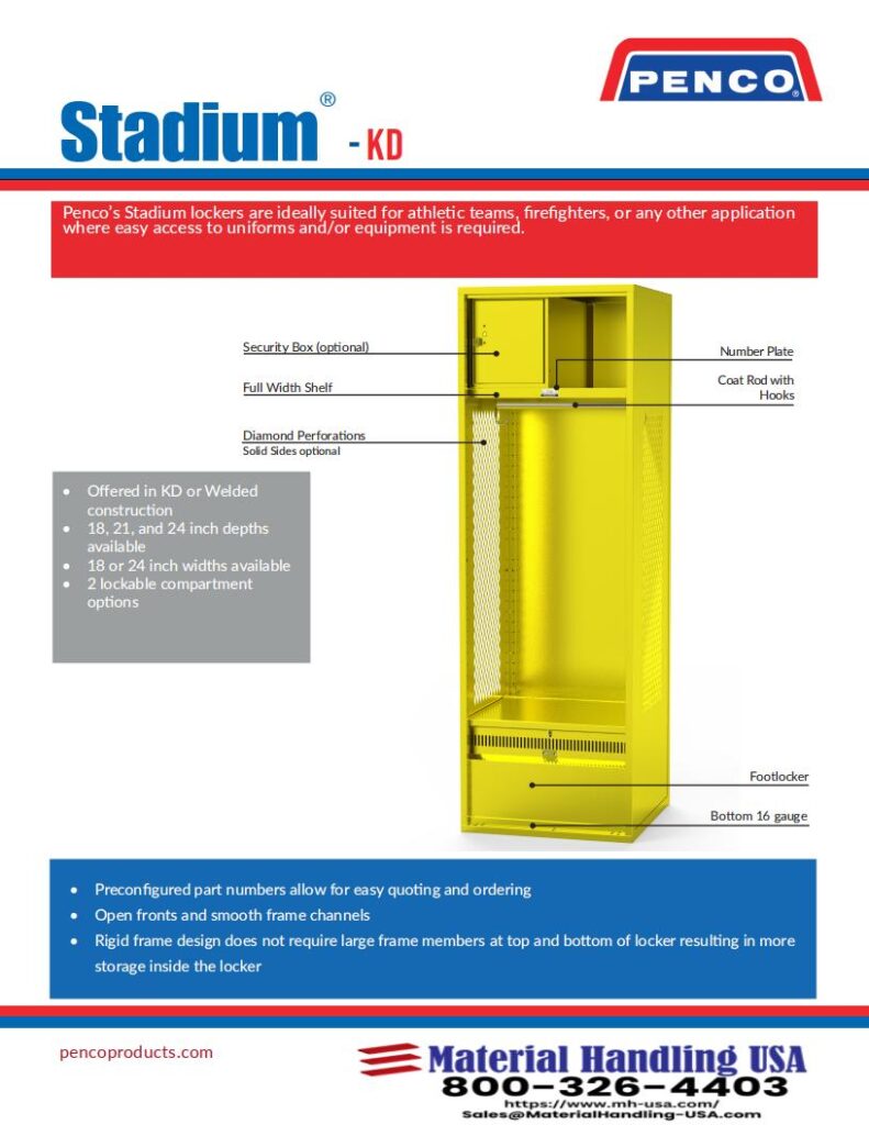 The image showcases a promotional flyer from Pencos Stadium KD locker range, featuring a yellow locker with key specifications like ventilation, welded construction, and coat rod. This Material Handling Literature piece includes contact details for Material Handling USA at the bottom.