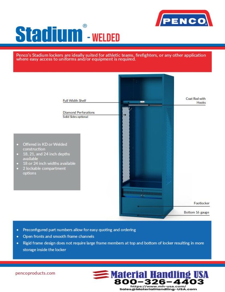 A blue locker labeled Stadium - Welded stands out in our Material Handling gallery, featuring a full-width shelf, coat rod with hooks, diamond perforations on the door, and a footlocker with padlock hasp. Explore additional features listed on the left; contact details follow below.