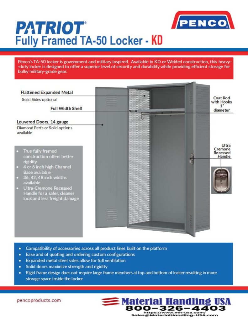 Introducing the Penco TA-50 Locker, showcased in our Material Handling Literature. Featuring a full-width shelf, expanded metal doors, various color options, and heavy-duty construction for enhanced storage and security. Visit our Gallery for more and connect with us today!.
