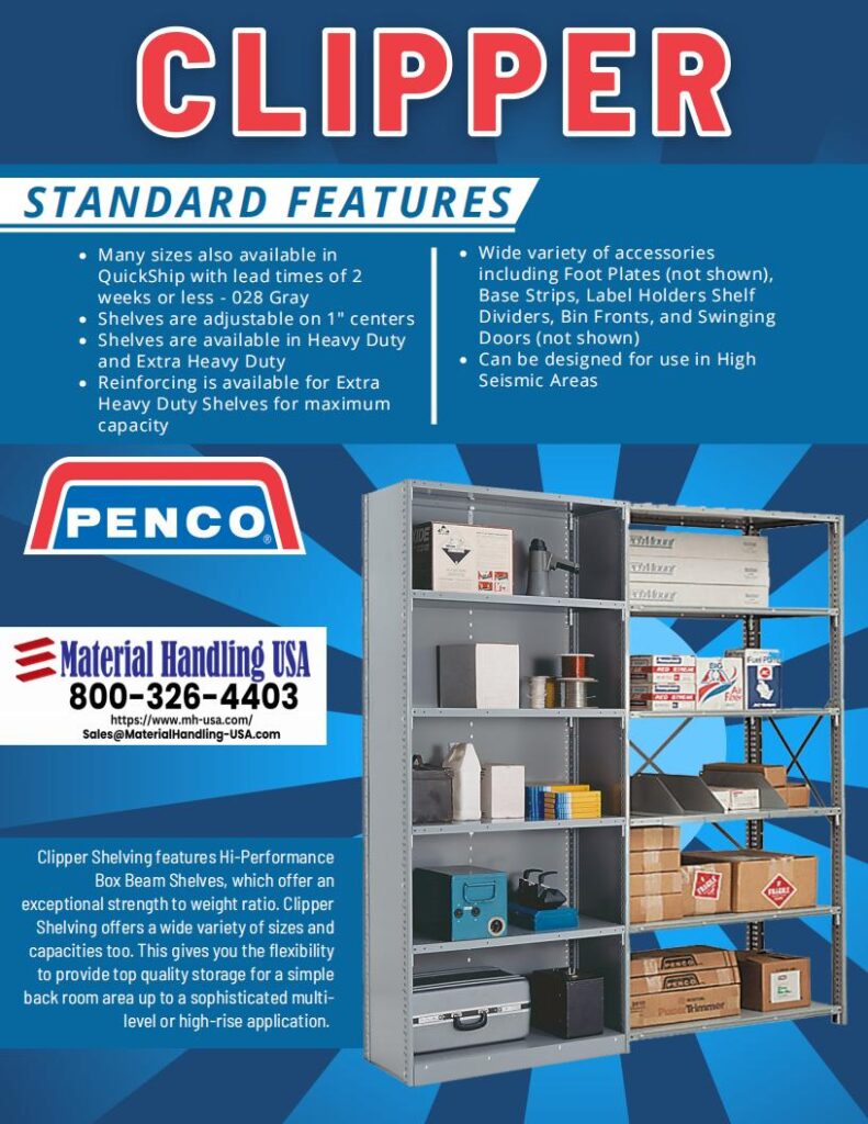 Advertisement for Clipper shelving by Penco, featured in our Material Handling Gallery. The photo showcases a multi-shelf unit displaying various items with ease. Highlights include quick shipping, a wide variety of accessories, and heavy-duty use. Contact info and company details are included.