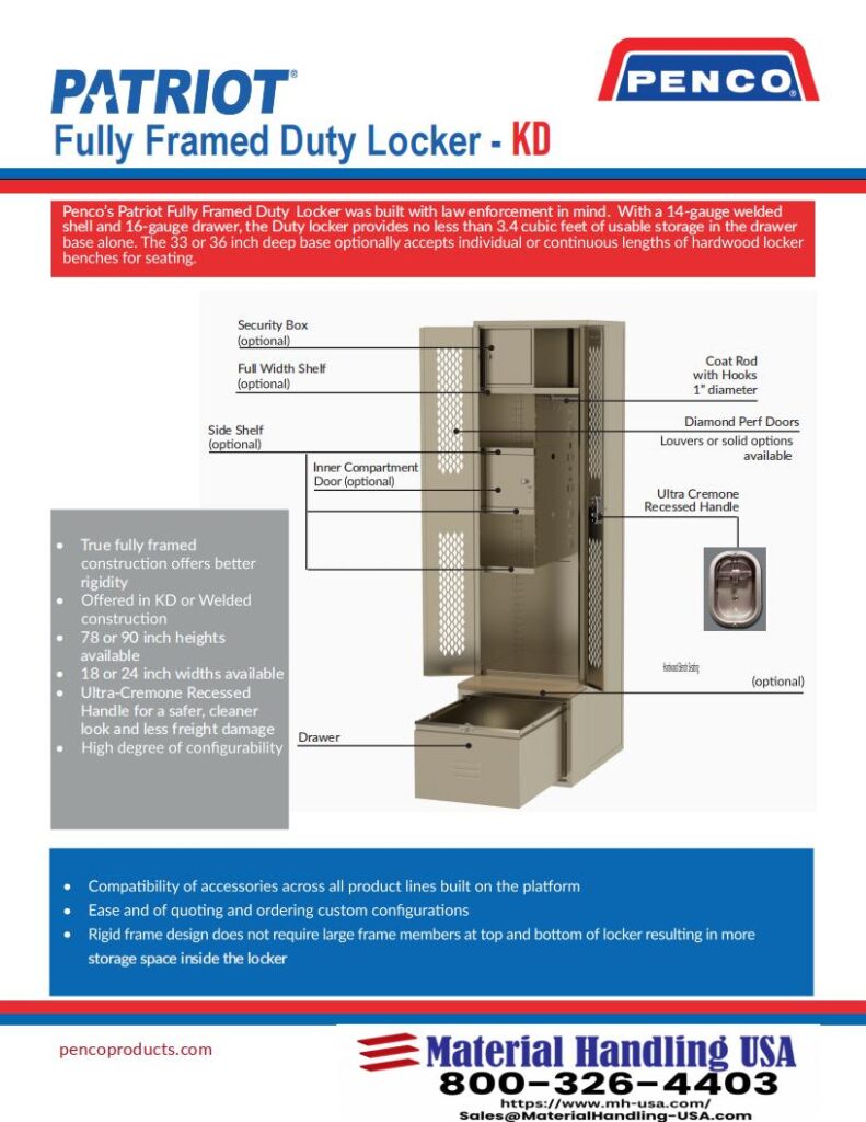 The Patriot Fully Framed Duty Locker by Penco is showcased in the Material Handling Literature Gallery, revealing open and closed views. It includes a security box, interior door, drawer, coat rod, and rigid frame. Company contact details and logo are featured at the bottom.