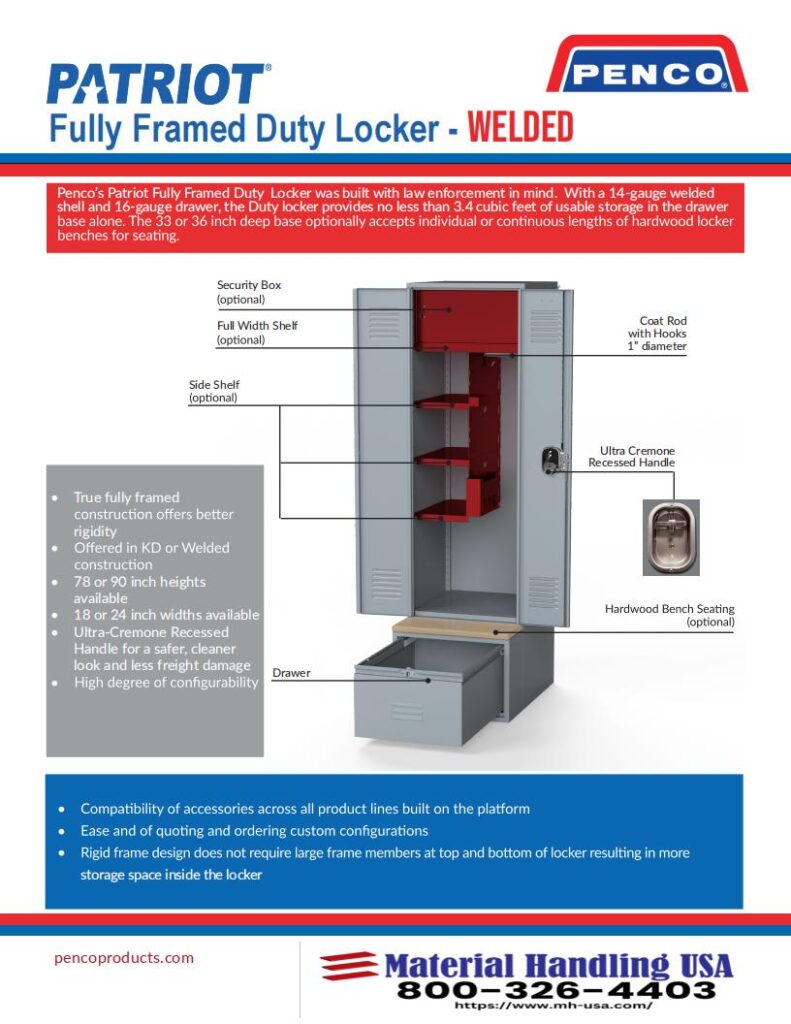 Discover the Patriot Fully Framed Duty Locker by Penco, showcased in our Material Handling Literature Gallery. This premium locker features a security box, Ultra Creme powder coat finish, hardwood bench seating, and ventilation slots. Contact Material Handling USA for more details.