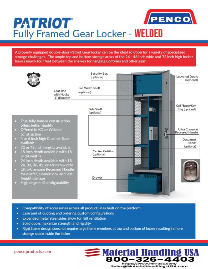 Image of a Penco Patriot fully framed gear locker, detailed features labeled: security box, ventilation louvers, adjustable shelves. Highlights durable welded construction and optional accessories in the Material Handling Literature Gallery. Contact info at bottom.