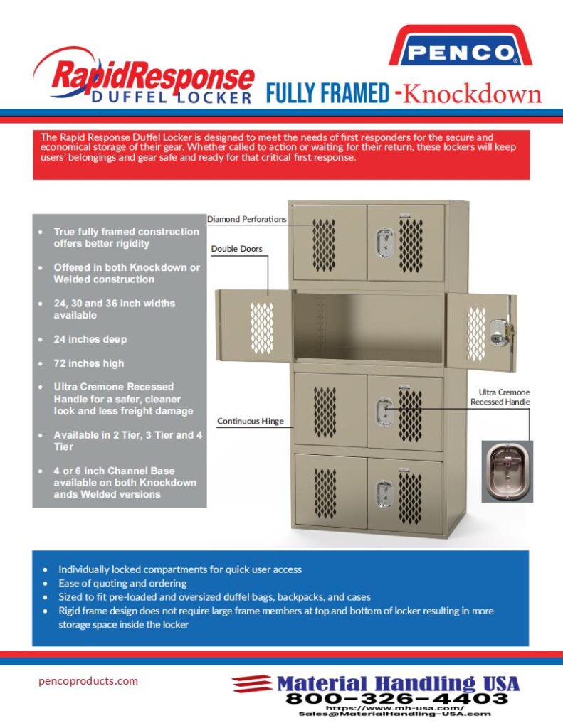 The image is a flyer for the RapidResponse Duffel Locker by Penco, showcased in the Material Handling Literature Gallery. It features fully framed construction, secure recessed handles, knockdown or welded construction, and various size options ideal for first responders.