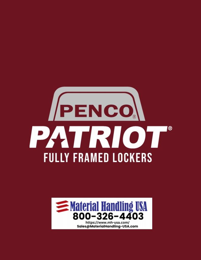 Maroon background featuring Penco Patriot Fully Framed Lockers in white text. Below, the Material Handling USA logo and contact info: 800-326-4403 and Sales@MaterialHandling-USA.com. Visit our Material Handling Literature Gallery for more details.