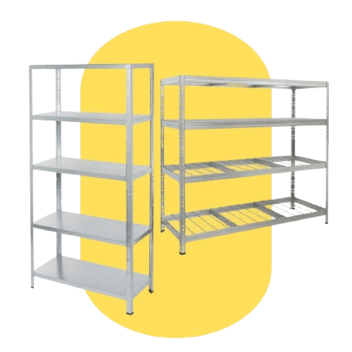 Two heavy-duty shelving units are displayed against a yellow background. The left unit has solid shelves, while the right unit features wire grid shelves. Both have a minimalist design and are ideal for industrial storage and organization solutions.