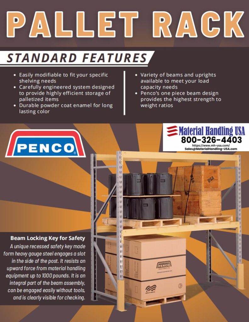 Image of a pallet rack with packages. Text highlights features like adjustability and strength. Safety key detail included along with contact info for Material Handling USA at 800-326-4403. The Penco logo and our Material Handling Literature Gallery enhance the visual appeal.