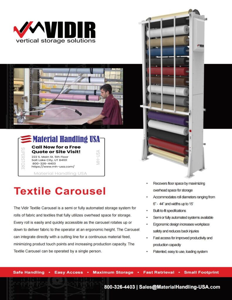 A promotional image for Vidir Textile Carousel showcases a rack laden with fabric rolls. The text highlights automation features, maximizing storage and handling efficiency, complemented by contact information for Material Handling USA. Explore more in our Material Handling Literature Gallery.
