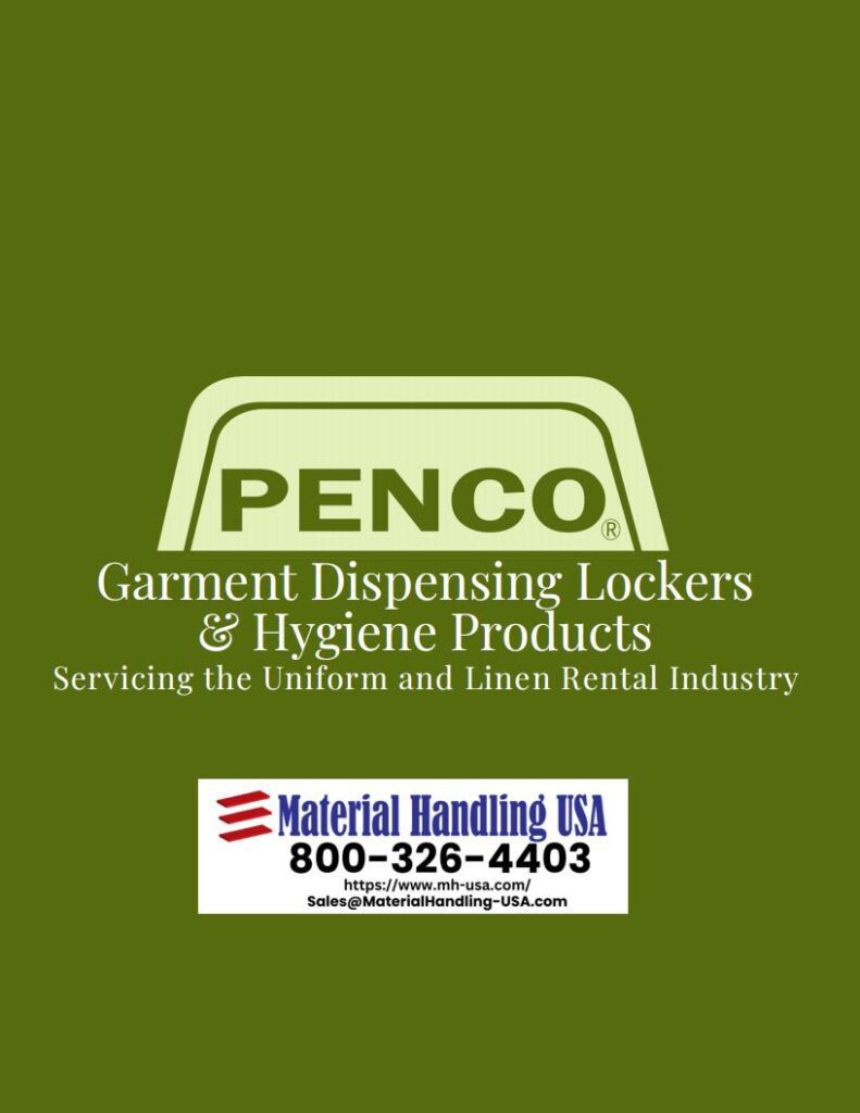 Green background with the Penco logo displayed prominently. Text reads: Garment Dispensing Lockers & Hygiene Products, Servicing the Uniform and Linen Rental Industry. Below, explore our Material Handling Literature Gallery for more details, along with contact information for Material Handling USA.