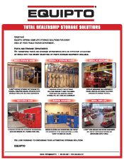 A brochure titled Equipto Total Dealership Storage Solutions features a gallery of six images showcasing storage solutions, from workstations to tool racks. Each image includes descriptive text, making it a comprehensive piece of material handling literature.