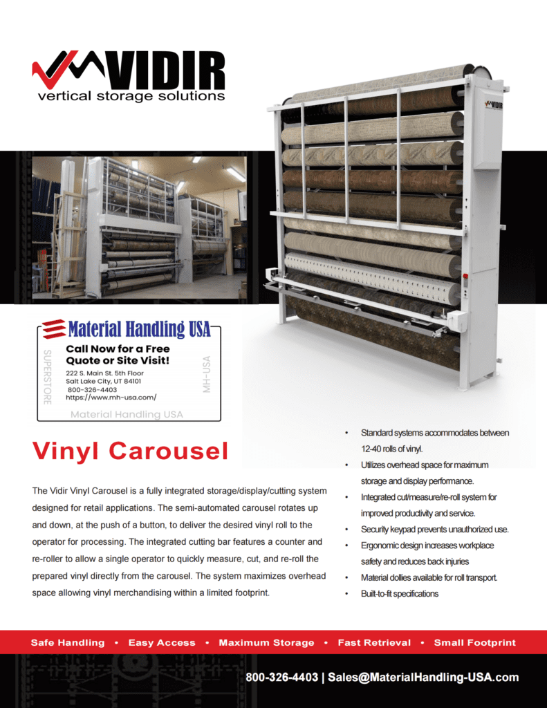 Introducing the Vidir Vinyl Carousel—a revolution in material handling. This vertical storage solution boasts multiple horizontal slots for easy access to rolled materials, streamlining your workflow with unmatched efficiency and automation. Transform your space into a seamless gallery of organization today!.