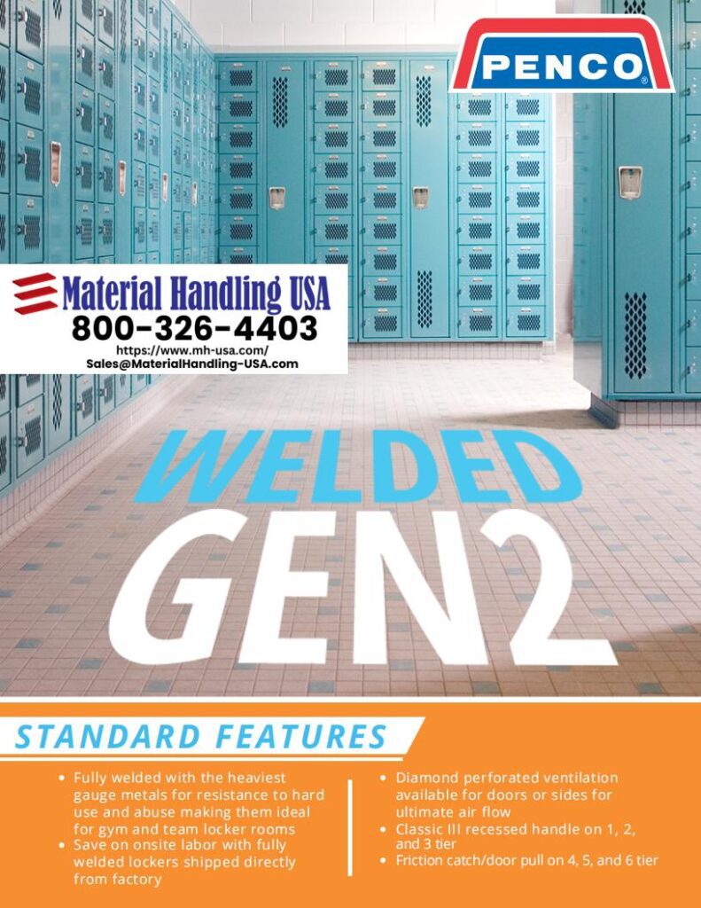Promotional image for Pencos Welded Gen2 lockers with heavy gauge metal, diamond perforated ventilation, recessed handles, and friction catch/door pull. Material Handling Literature and contact info for Material Handling USA appear at the top.