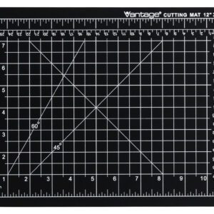 The Dahle Vantage® Premium Self-Healing Cutting Mat, 9 x 12, offers a black finish with white grid lines, inch-marked rulers, and diagonal lines at 30°, 45°, and 60°. The Vantage brand appears in the top right corner. Sold in a case of 48.