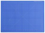 The Dahle Vantage® Premium Self-Healing Cutting Mat, 18 x 24, features a grid pattern with inch markers on the edges and diagonal lines with degree indicators. The label Vantage Cutting Mat 24 x 18 is in the top right. Sold in blue as a case of 12.