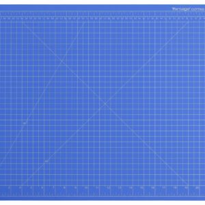The Dahle Vantage® Premium Self-Healing Cutting Mat, 18 x 24, features a grid pattern with inch markers on the edges and diagonal lines with degree indicators. The label Vantage Cutting Mat 24 x 18 is in the top right. Sold in blue as a case of 12.