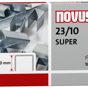 The Novus 23/10 Super Heavy Duty Staples package, featuring a red, gray, and white design with a metal staple image, contains 1,000 pieces each of 23 gauge staples with 10mm length.