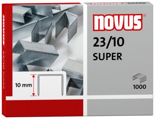 10_Super_Staples.jpg The Novus 23/10 Super Heavy Duty Staples package, featuring a red, gray, and white design with a metal staple image, contains 1,000 pieces each of 23 gauge staples with 10mm length.